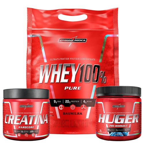 Pack Whey 100% 900g Pouch Baunilha + Creatina 100% Pura 300g + Huger 320g Blue Razz