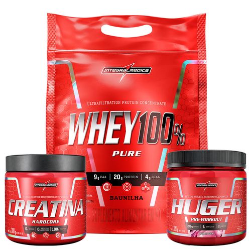 Pack Whey 100% 900g Pouch Baunilha + Creatina 100% Pura 300g + Huger 320g Bubble Gum