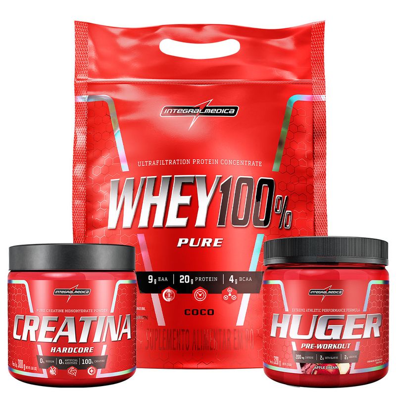 Whey-100--900g-Pouch-Coco---Creatina-300g---Huger-320g-Apple-Dream